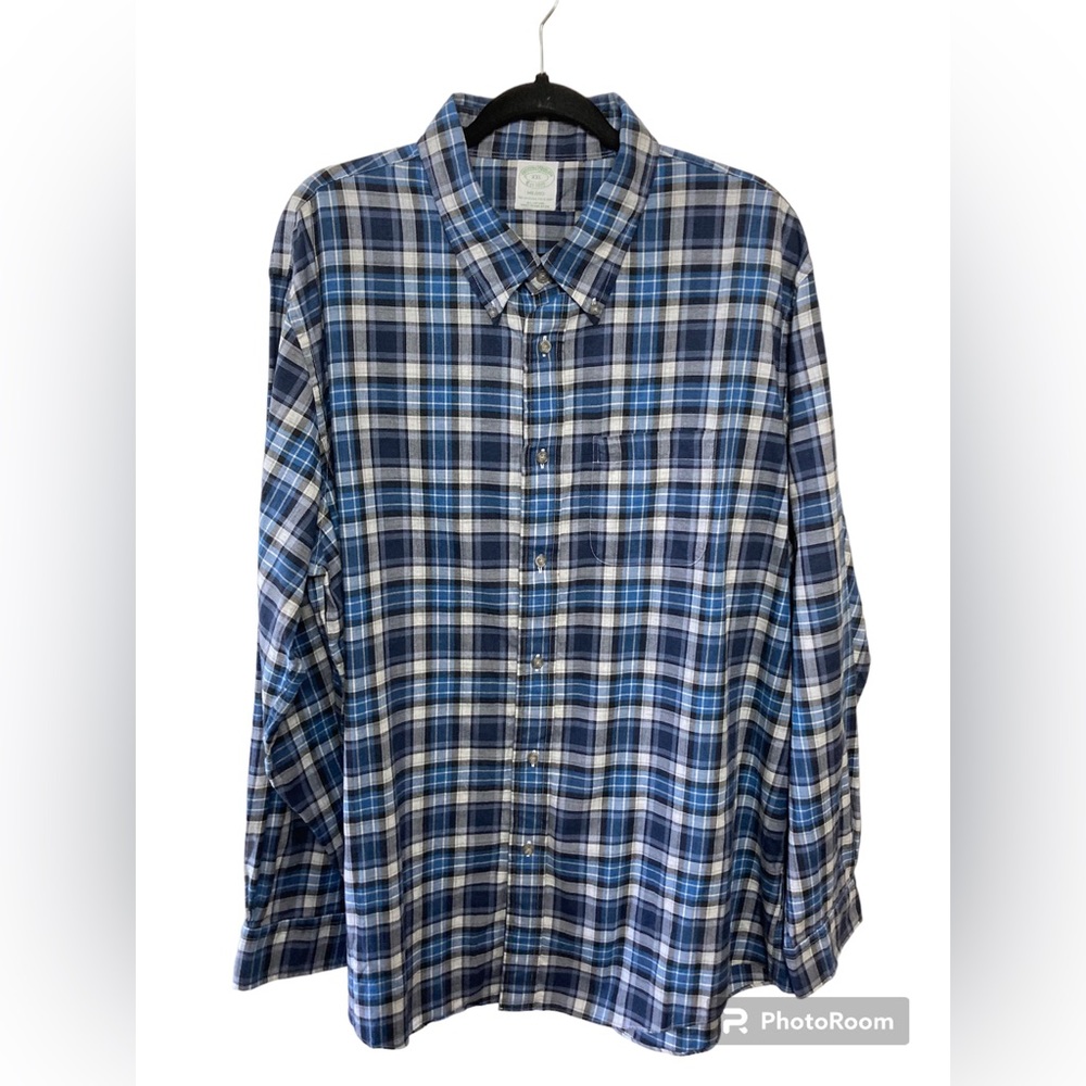Brooks Brothers Milano blue plaid long sleeve button down shirt. XXL